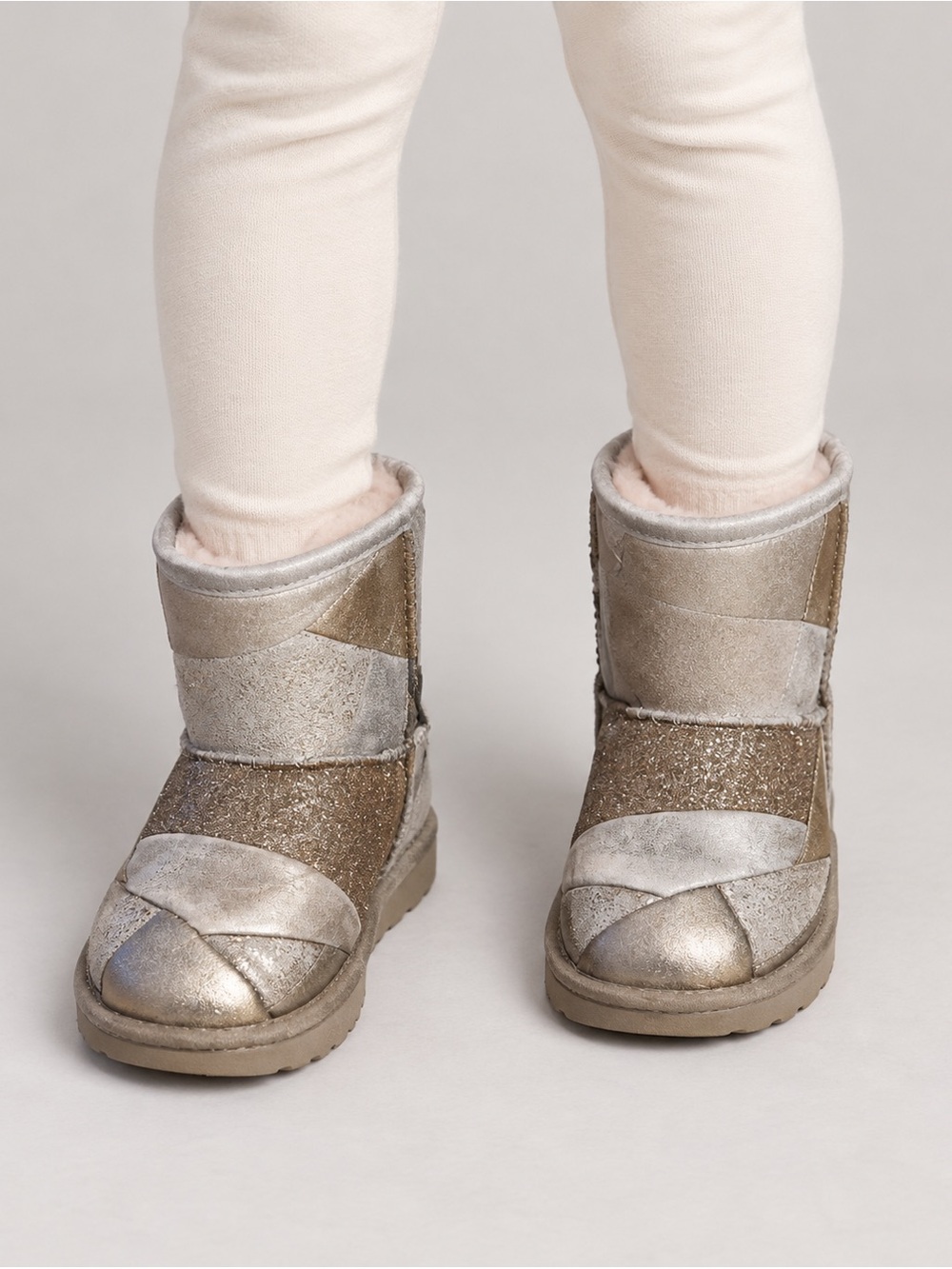 UGG Kids Girls Classic Boots Gold Silver Patchwork Glitter Metallic Sheepskin 11